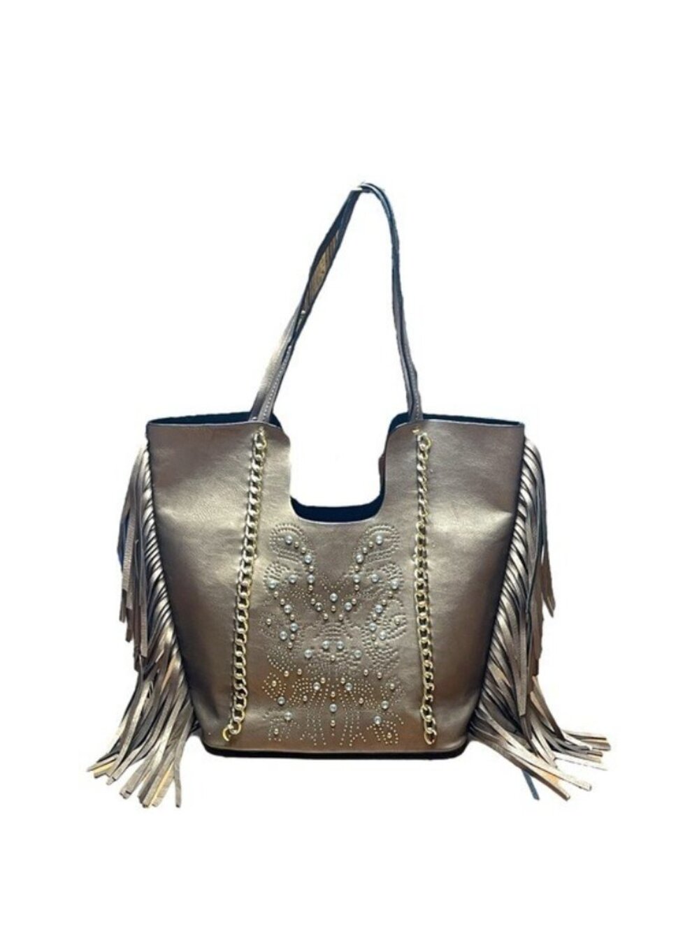 LATIQUE Bronze Metallic Fringe Tote Bag with Studs & Chain Detail Boho Chic